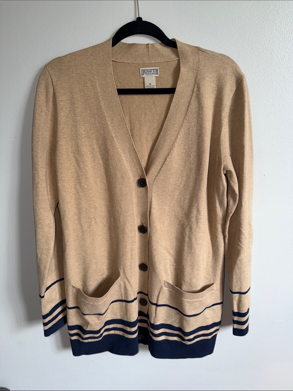 Women's Tan Cardigan with Navy Stripe Duluth Trading Co Size M